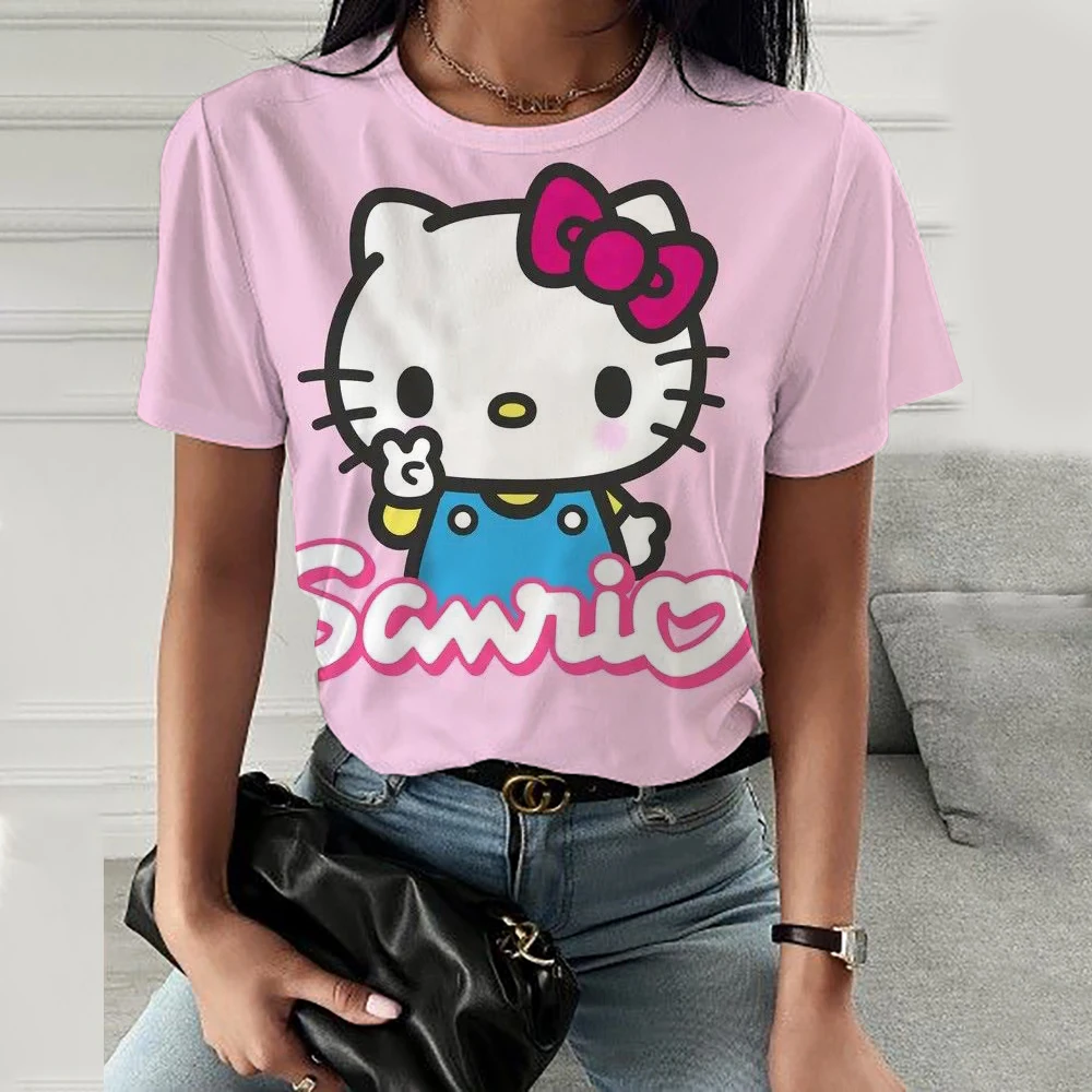 Cute Harajuku Y2K Tops Clothing Hello Kitty Kuromi print Women Casual T-shirts Kawaii Pink Tshirts Oversize Fashion Trend Tee