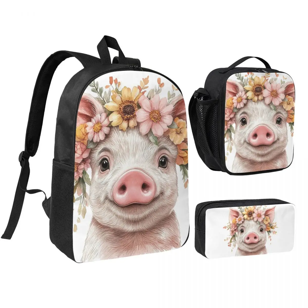 Adorable Pig And Floral Print Backpack Student BookBag School Bag Shoulder Bags 3ps Insulated Lunch Bag Pencil Case