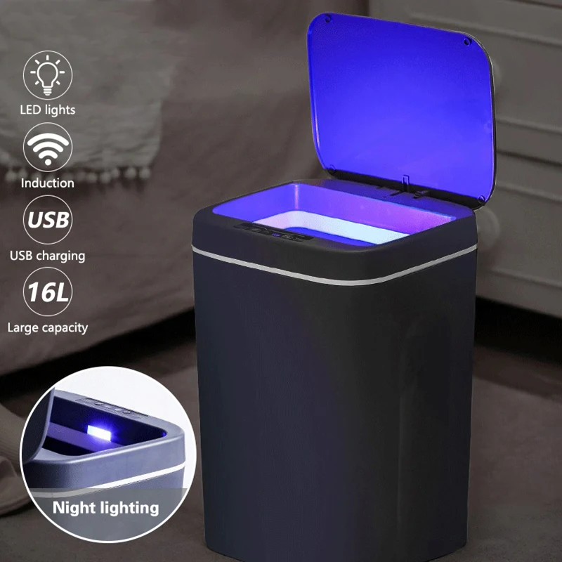 12/14/16L Smart Trash Can with Motion Sensor Lid USB Rechargeable Garbage Can Bathroom Kitchen Waterproof Garbage Bin