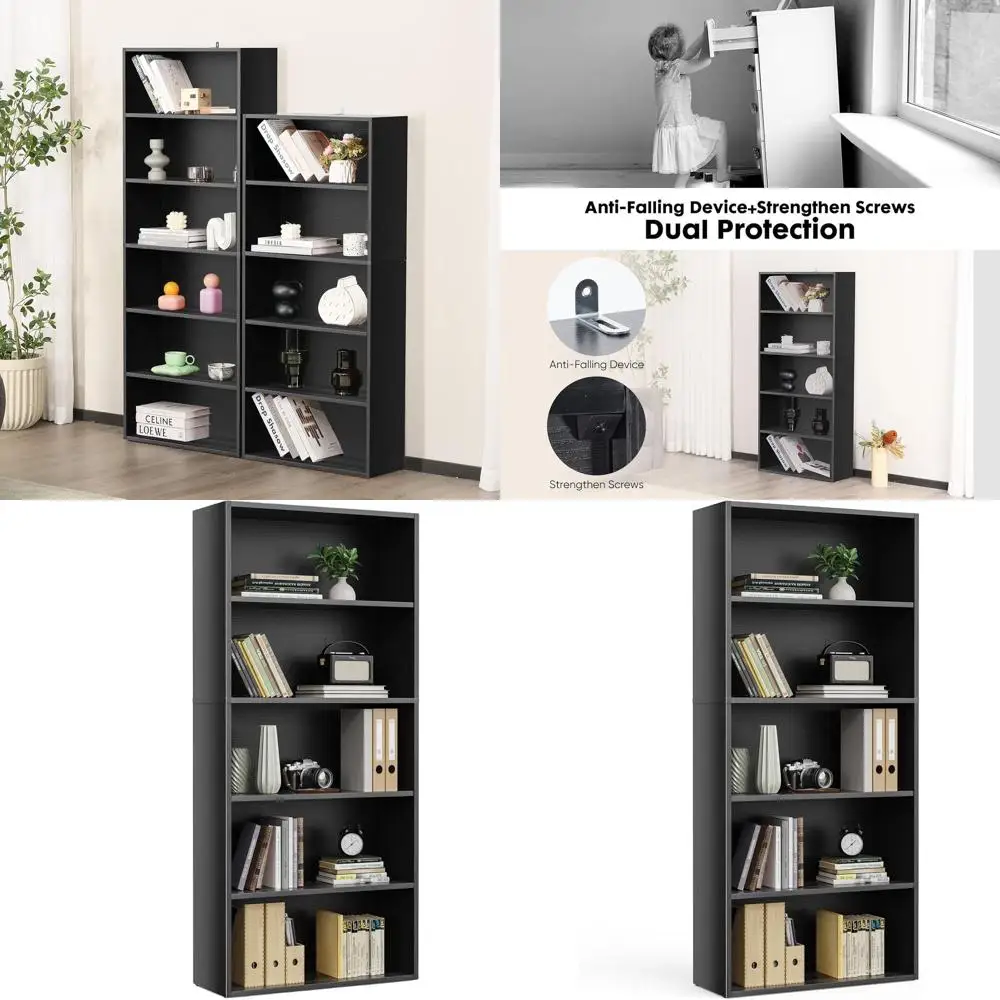 

5-Tier Tall Bookshelf, 53, Anti-Tip, Open Shelving for Home/Office, Black