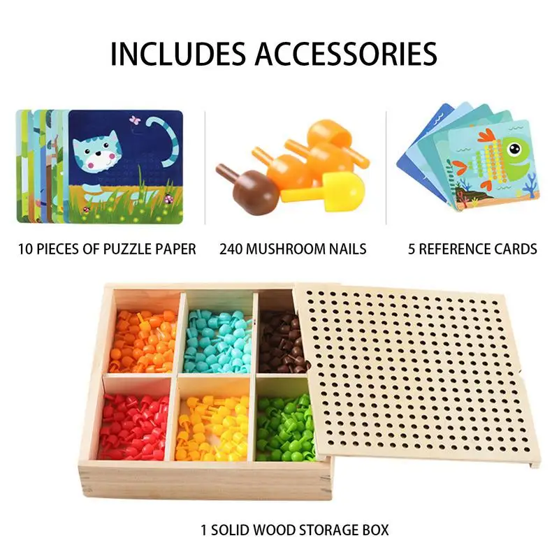 Wooden Pegboard Puzzles 240pcs Nails Educational Learning Toy With Solid Wood Storage Box DIY Peg Puzzle Toys For 3 Years Old