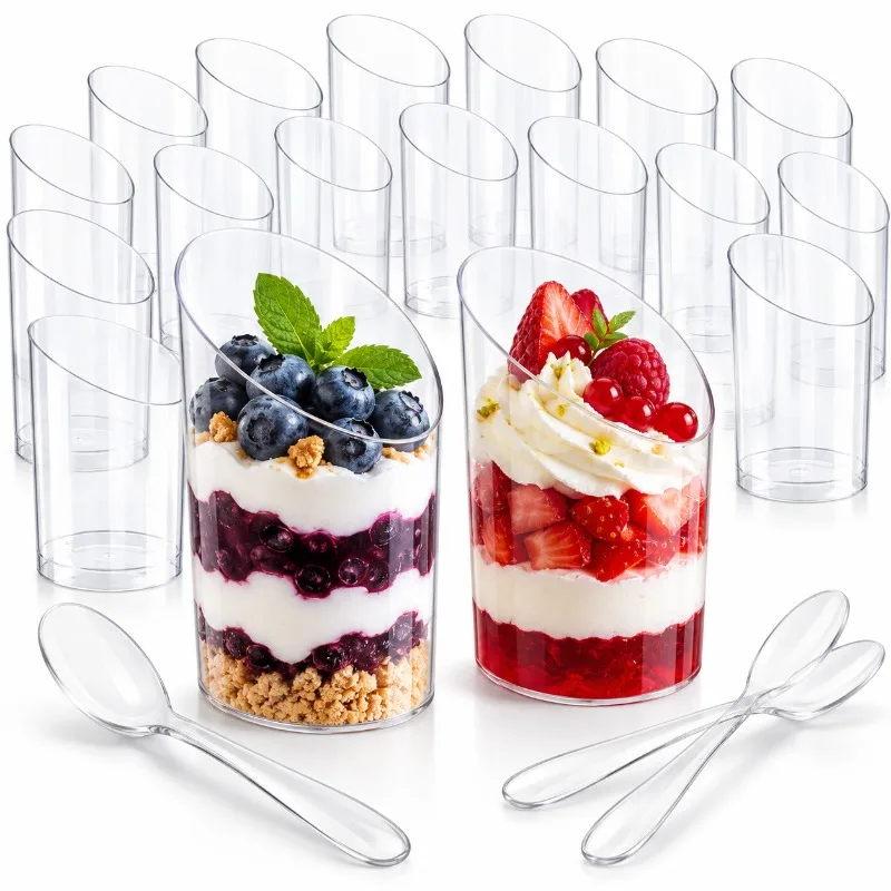 20/40Pcs Disposable Tilted Plastic Dessert Cups Round Food Containers For Afternoon Tea Party Appetizer Snack Tasting
