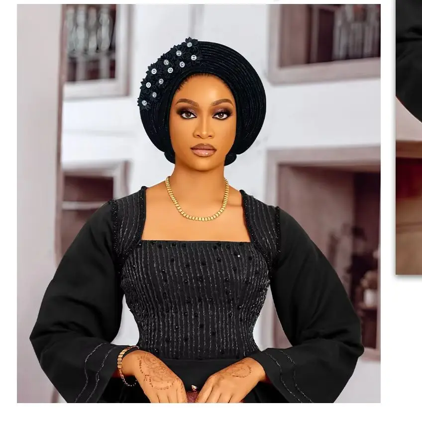 

2025 Luxury Diamonds Flower Bonnet Femme Auto Gele Headtie Aso Oke Already Made Nigerian Turban Women African Headwrap Hijab Cap