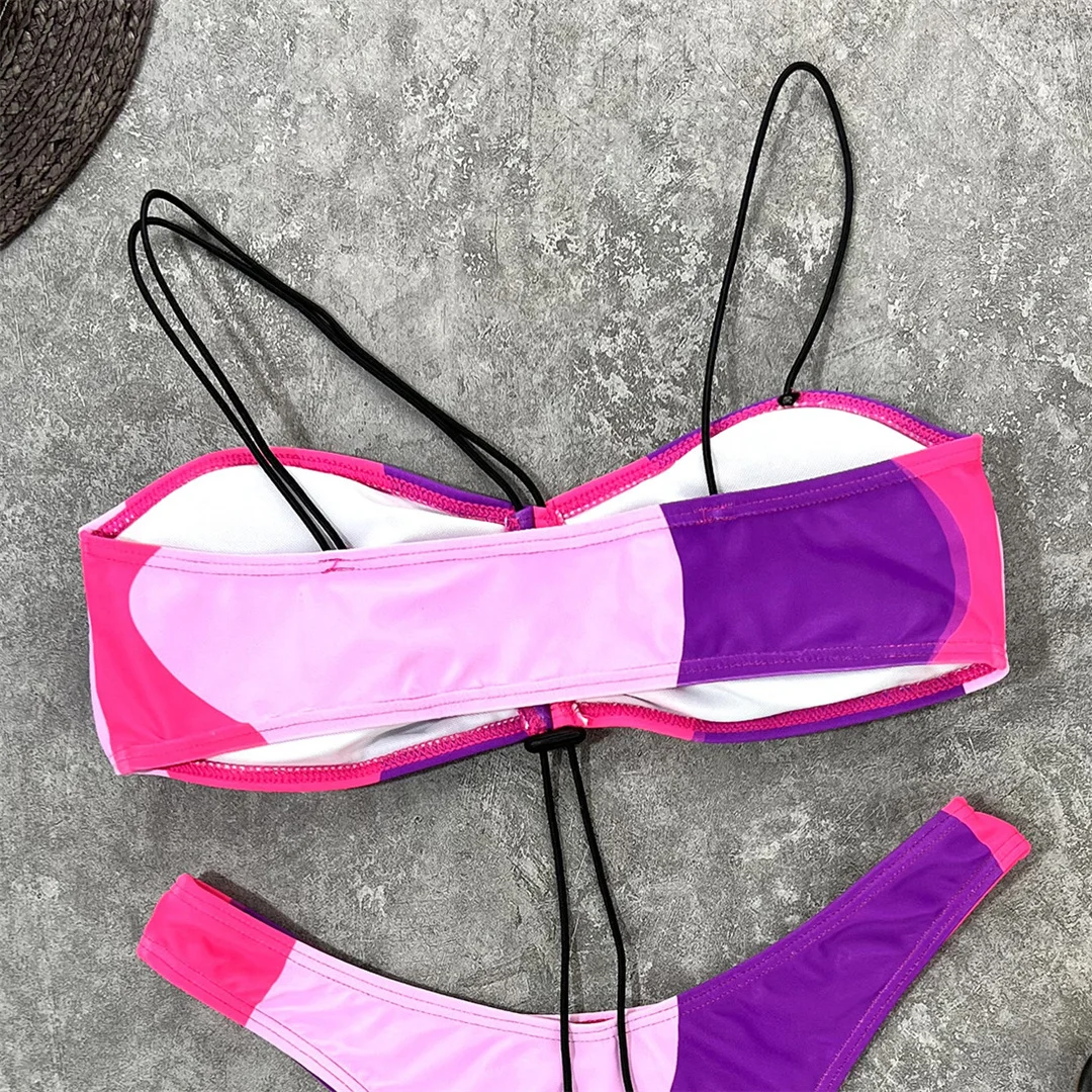 Bunter, geraffter Bikini mit Schnürung, Damen-Badeanzug, zweiteiliges Bikini-Set, hoch geschnittener Badeanzug, Badebekleidung, Modell V3770. – Detail 13
