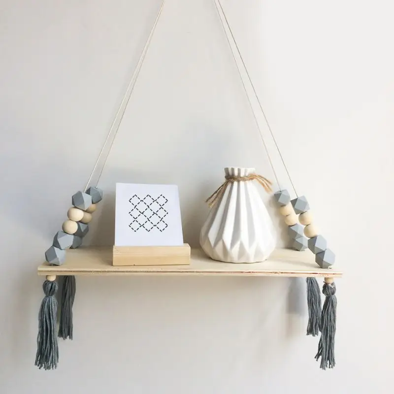 Wall Hanging Wooden Beads Shelf Swing Rope Floating Shelves Display Storage Rack Decor For Home Office Cafe Room Display Stand