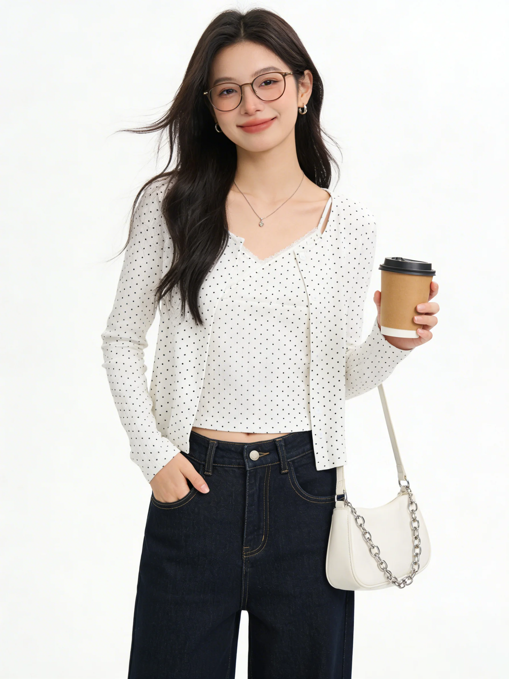 

Korean Style Lace Splice V-Neck Short Cardigan Set Summer Vintage Layering Clothing Breathable round Dot Pattern Women's Suit