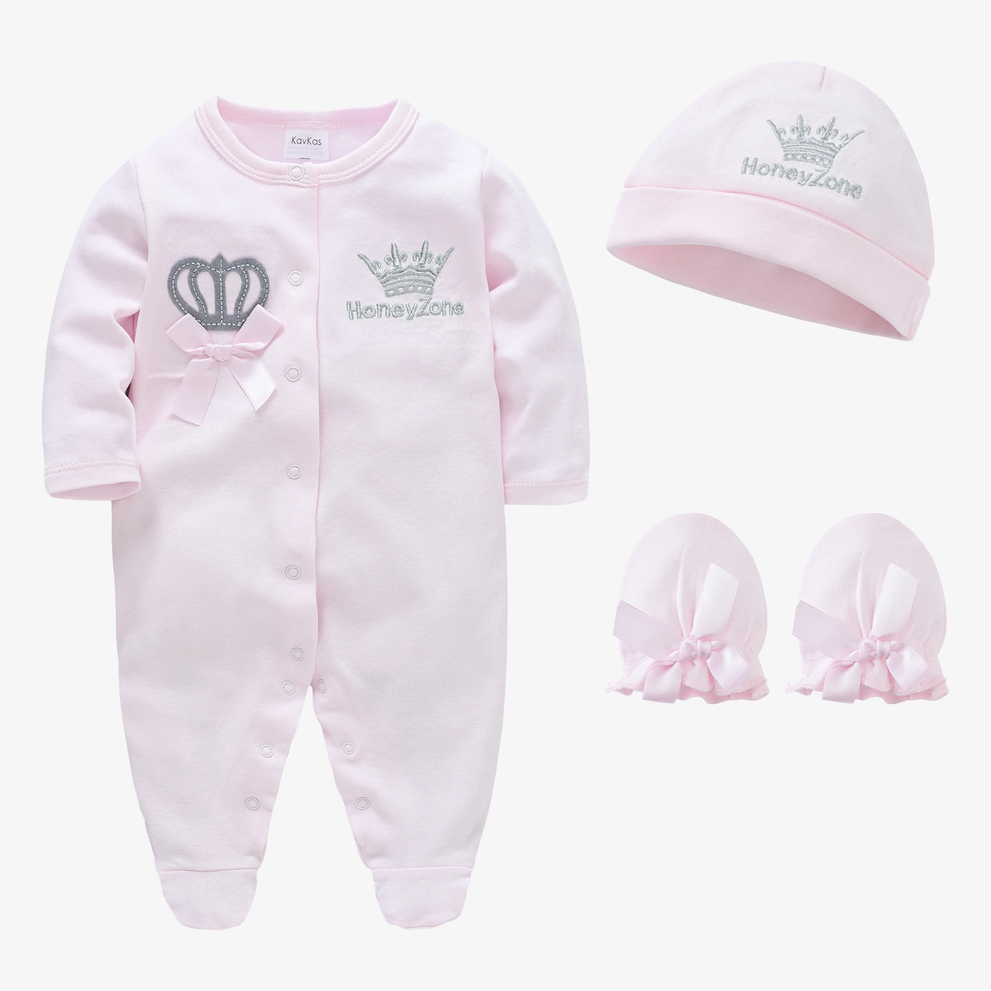 Baby Girl Pink Crown Romper Set Spring & Autumn Double Knit Cotton Long Sleeve Footed Jumpsuit with Hat Mittens Princess 1Set