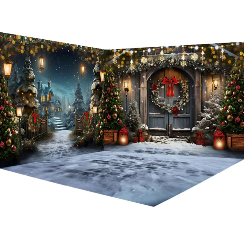 غرفة ثلاثية الأبعاد عيد الميلاد التصوير خلفية الشتاء كاتدرائية ثلجية باب خشبي عطلة الاطفال الأسرة صورة خلفية شجرة عيد الميلاد ديكور