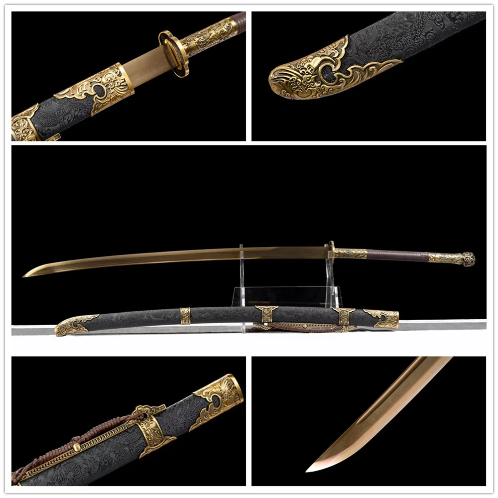 Good 140cm Battle Forging Handmade Martial Art Sword High Manganese Steel Gold Blade Full Tang Leather Wrap Hardwood Sheath