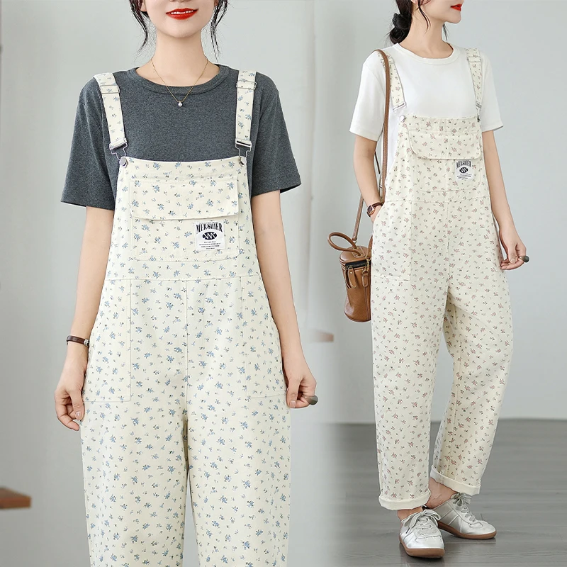 

Aricaca Women Summer Casual Loose Wide Leg Jumpsuits Flower Printed Retro Button Strap Jumpsuits