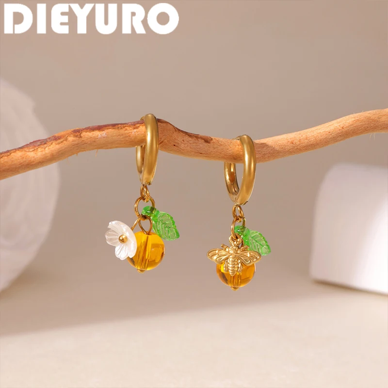 DIEYURO 316L Stainless Steel Pastel Multicolor Enamel Flower Dangle Huggie Hoop Earrings Lady Floral Spring Earring Jewelry Gift