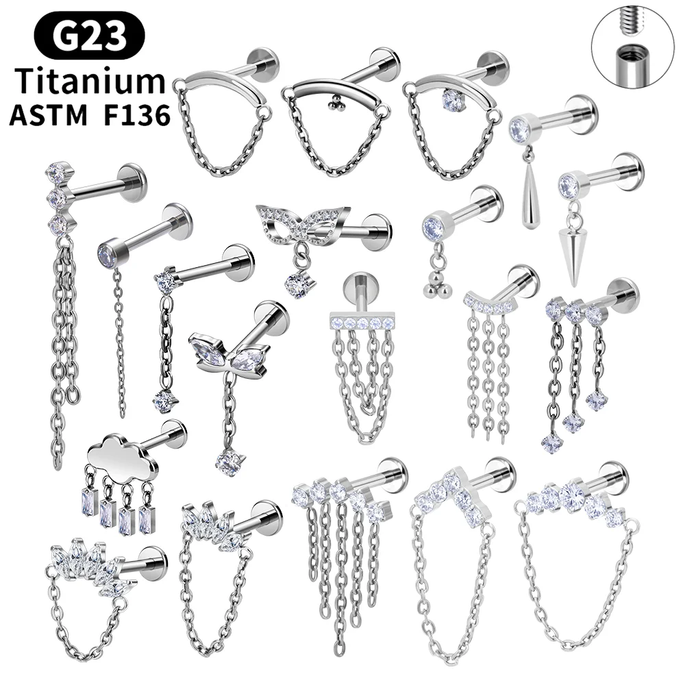 ASTM F136 ไทเทเนียม 16G พู่โซ่ Dangle EAR STUD ต่างหู CZ Helix กระดูกอ่อน Conch Labret Lip แบนกลับ Piercing Body เครื่องประดับ