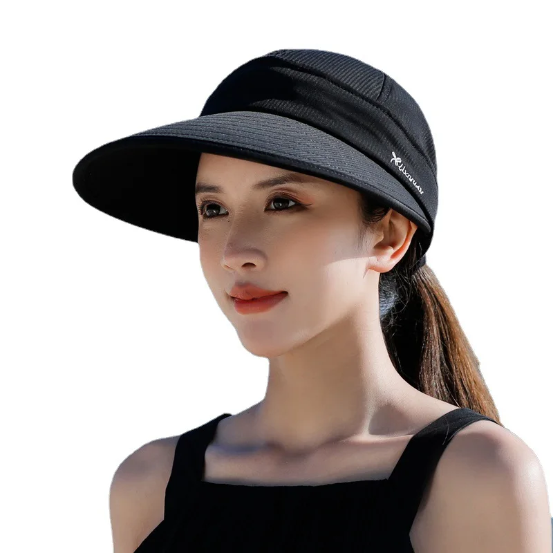 Detachable Women Summer Sun Hat Casual Foldable UV Protection Beach Cap Adjustable Wide Brim Empty Top Ponytail Cap Visors