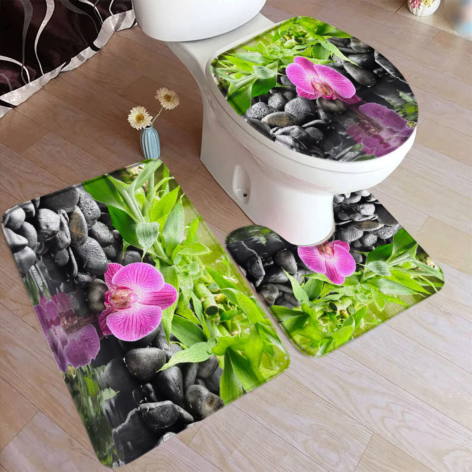 Zen Green Bamboo Bath Mat Set Purple Orchid Flowers Plants Vintage Buddha Home Carpet Bathroom Decor Floor Rugs Toilet Lid Cover