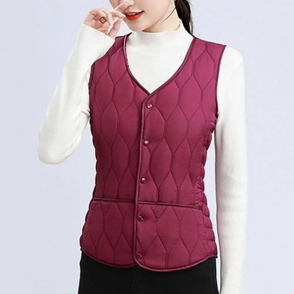 Winter Women Vest Coat Solid Color Padded Plush Casual Waistcoat Casual V Neck Pockets Single-breasted Thermal Vest Jacket