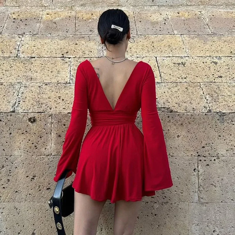 Dresses for Women French Style Fashion Solid Color Deep V-Neck Sexy Backless Waist-Tightening Long Sleeve Elegant Mini Dress