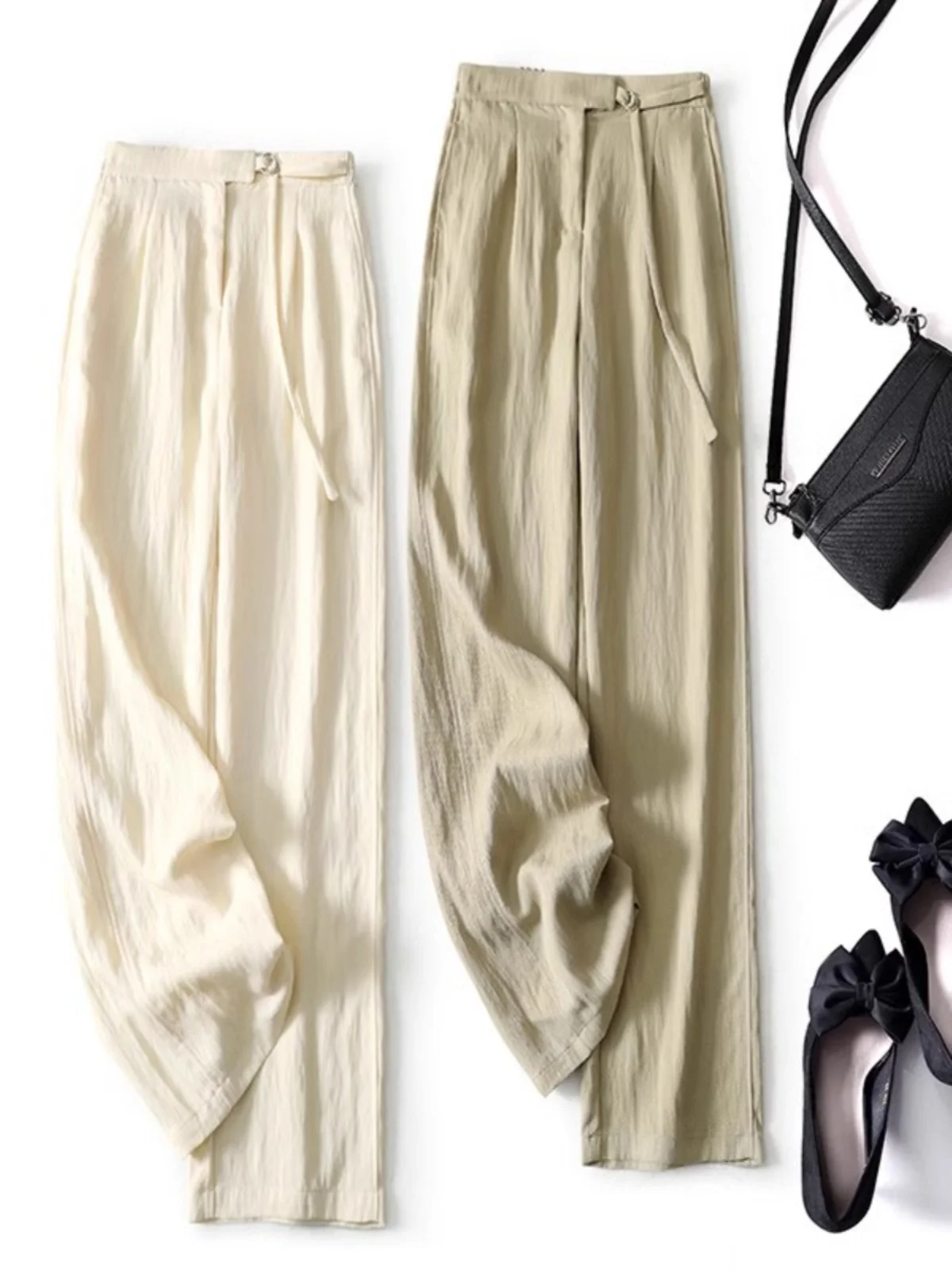 Pantalon taille haute à jambes larges, Version étroite, en soie et chanvre, coupe droite, Texture plissée, pantalon décontracté d'été pour femmes