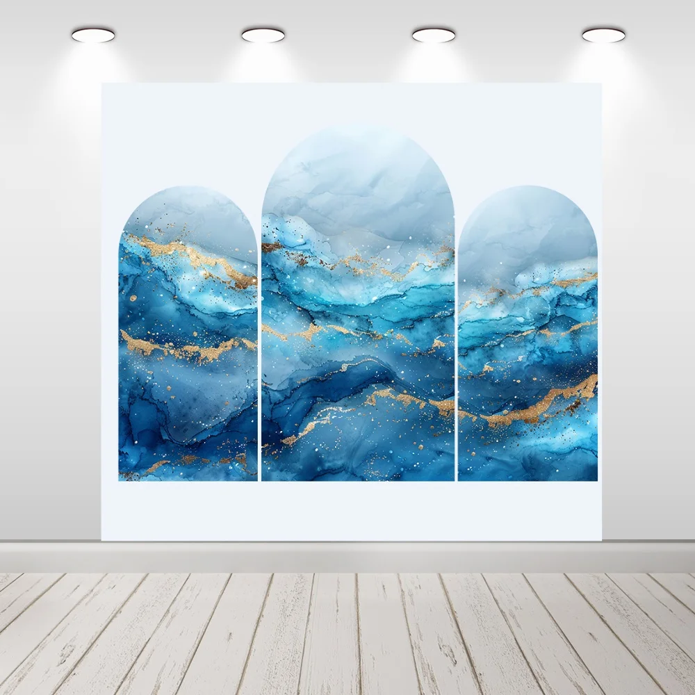 الرخام المتدفق الرمال الكتابة على الجدران حفلة عيد ميلاد استحمام الطفل قوس يغطي الأزرق الملكي قوس جدار خلفية ديكور خلفية مزدوجة الجانبين