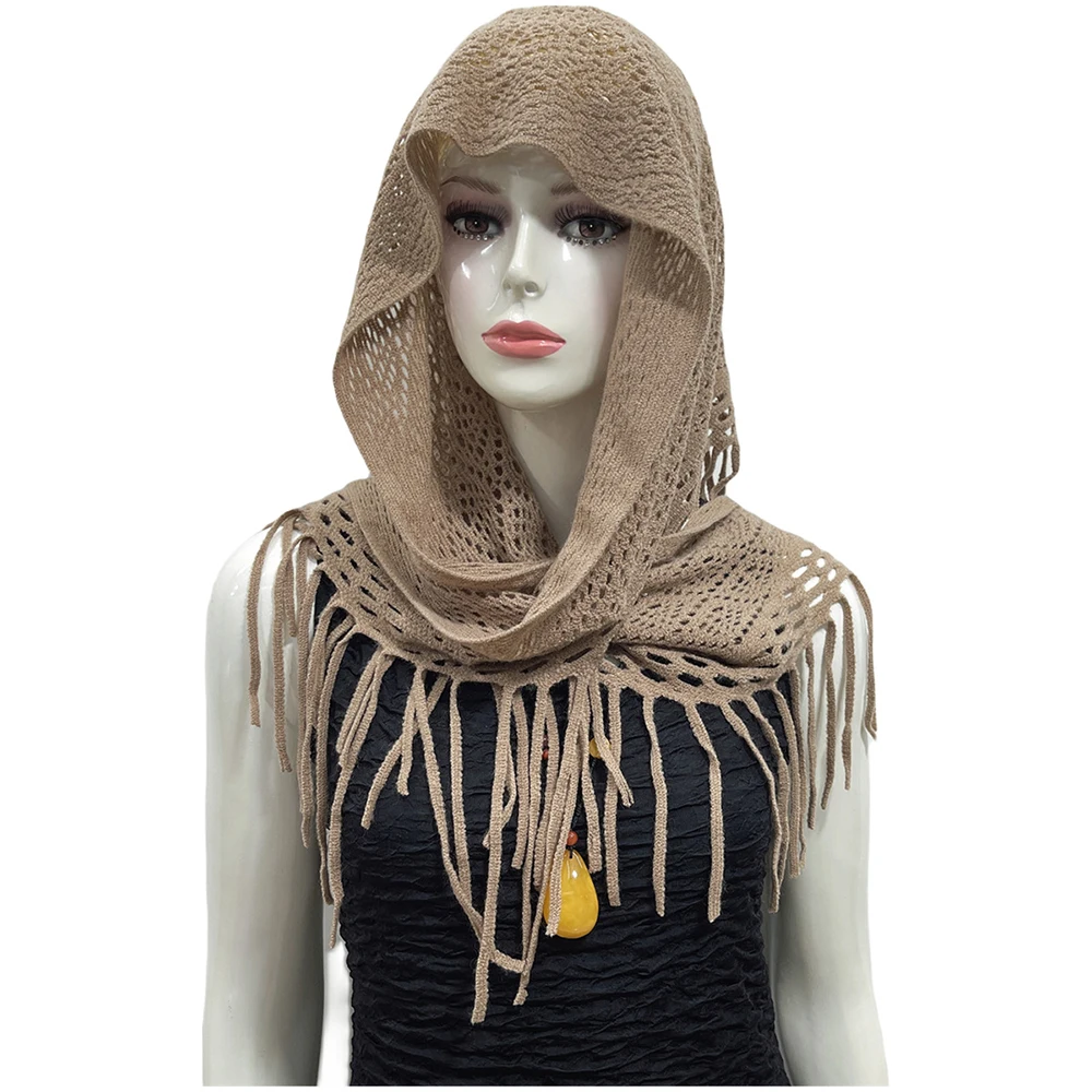 Fashion Solid Air Conditioning Warm Wool Knitted Shawl Women Winter Casual Cold Cashmere Fringed Flower Hollow Triangle Scarf