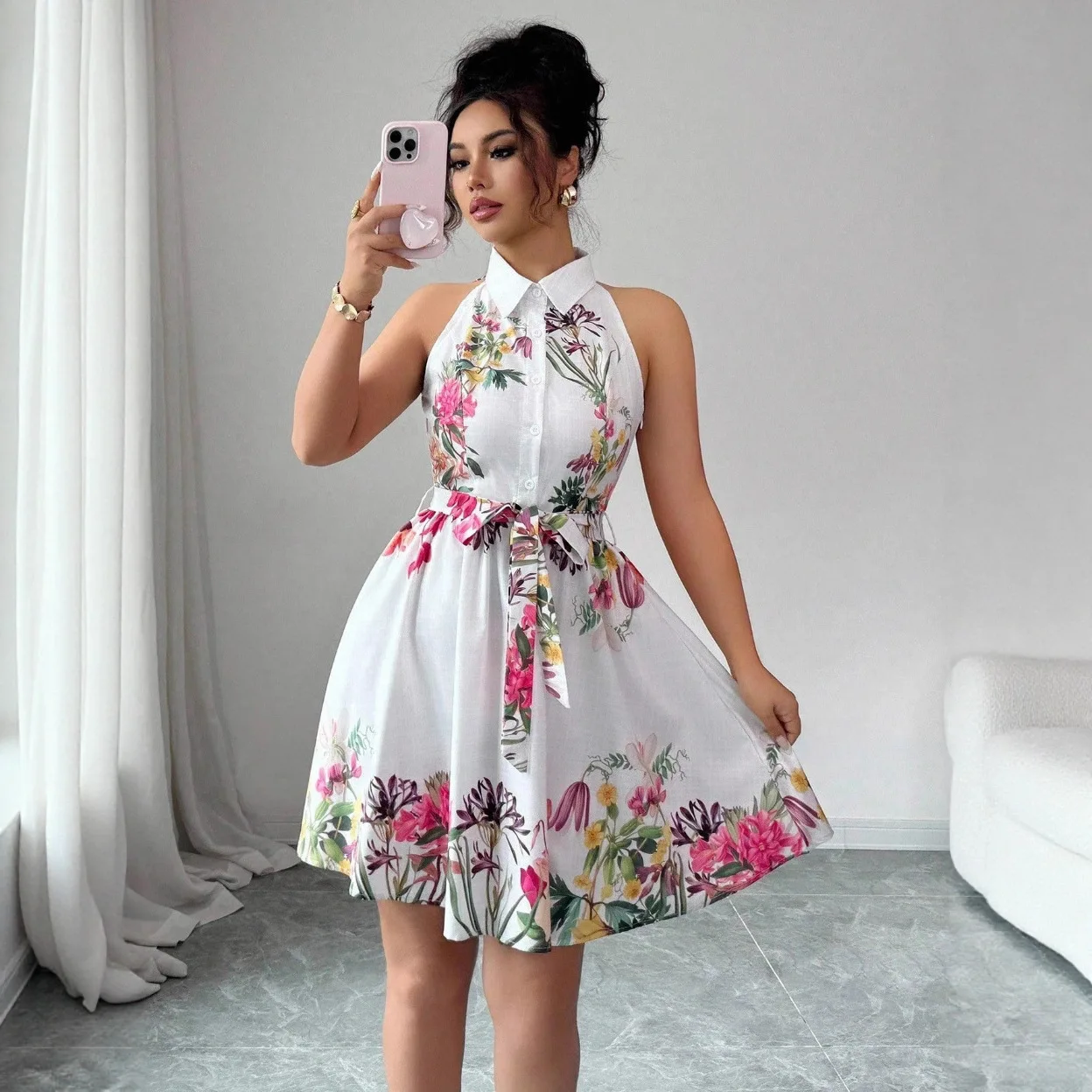 

Tropical Print Halter Neck Dress, Vacation Style Backless Dress For Spring & Summer, Women Clothing Women Dress Summer Slimming