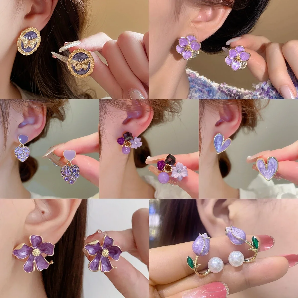 Purple Color Geometry Heart Flower Square Butterfly Bear Coral Cup  Water Drop Earring for Women Enamel Jewelry Christmas Gift