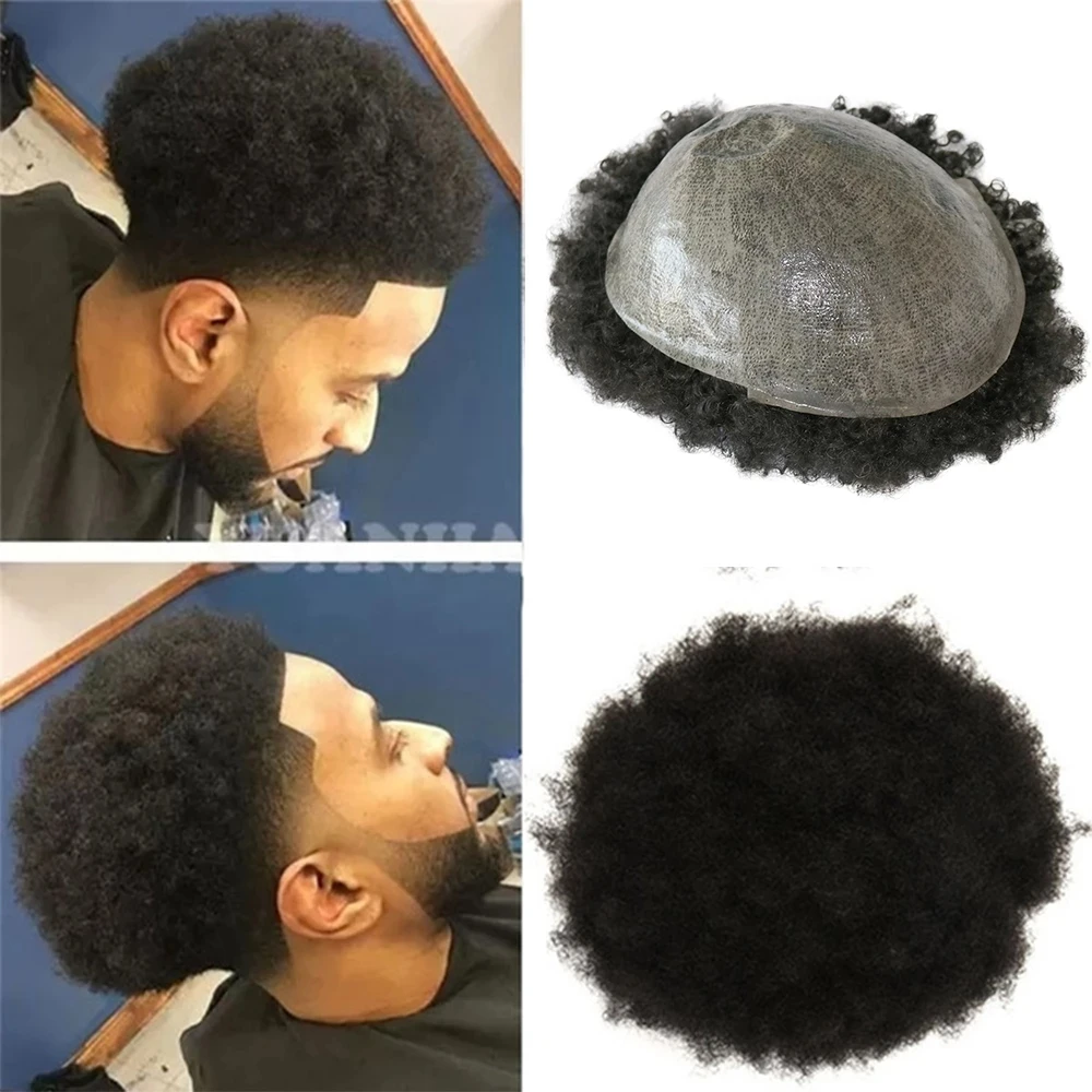 Perucas de prótese capilar masculinas, afro encaracolado, cabelo humano preto natural, base PU completa, substituição de toupee, super durável, 6mm