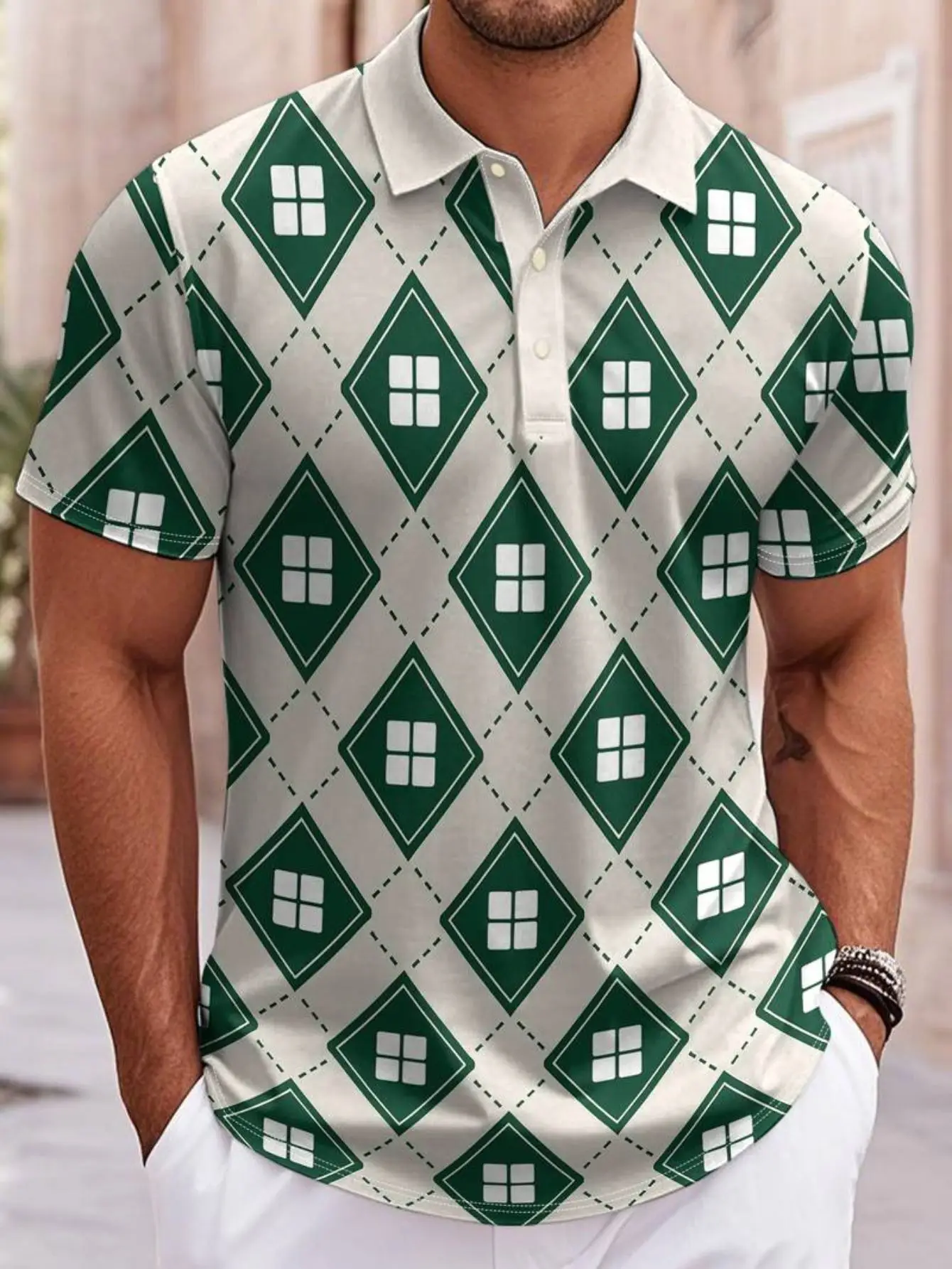 2026 Summer New Style Men's Short-Sleeved Polo Shirt with 3D Check Pattern Print Street Casual Fashion Soft and Comfortable