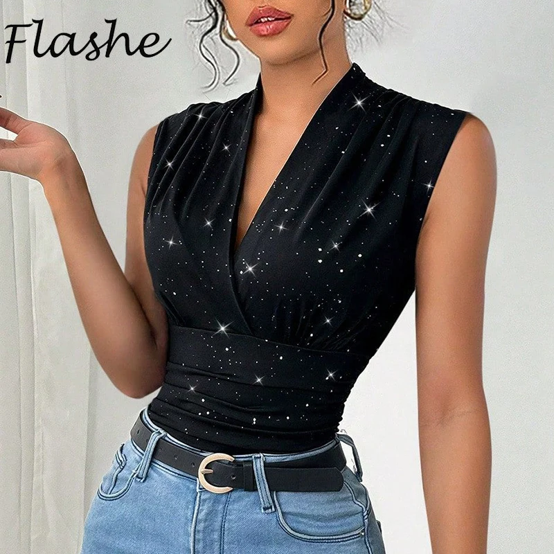 New Shining And Glowing Deep V Neck Sleeveless T-Shirts Women Fashion Vest Women Summer Tank Tops Black