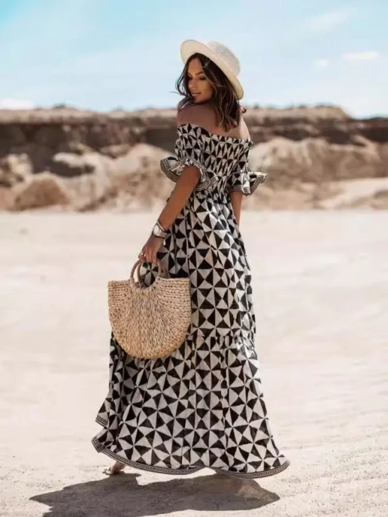 

Women's Fashion Dress Women's One Line Neck Off Shoulder Elegant Printed Waist and Ankle Long Dress