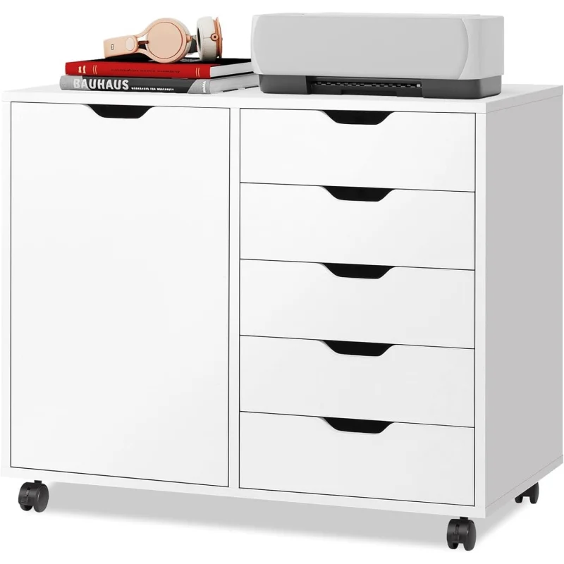 5-Drawer Wood Drawer Cabinet, Office Storage  with Adjustable Shelf & Wheels, Printer Stand for Home , White