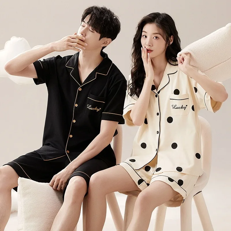 Couples Cotton Sleepwear Summer Homewear Women\'s Short Sleeve Pajamas Set Men Shorts Nightwear Cardigan Loungewear