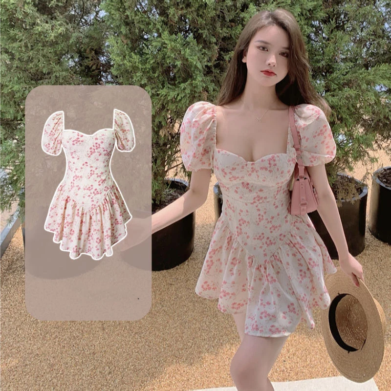 Fashion Floral Print Swimsuit for Women Fashion Korean High Waist Square Neck One-piece Dress Bikini Hot Spring Holiday Swimwear