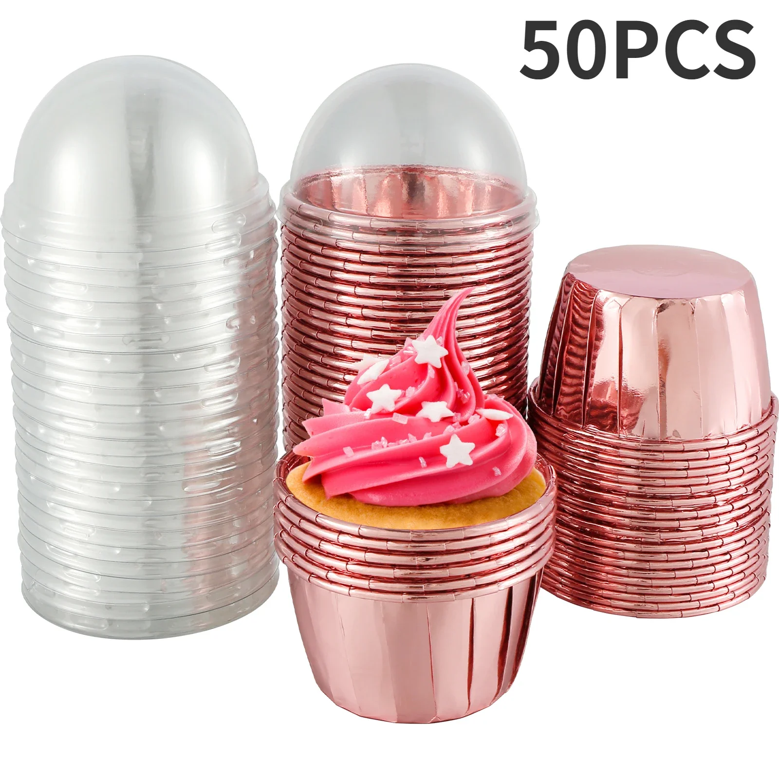 50Pc Foil Cupcake Liners with Lids Heat Resistant 5.5oz Aluminum Cake Cups Round Foil Baking Cups Kitchen Wedding Party Supplies