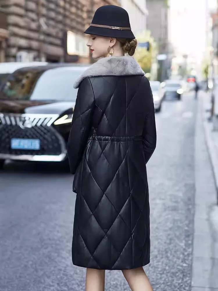 Doudoune longue en cuir de mouton véritable pour femme, coupe couvertes, col en fourrure de vison, pardessus chaud, optique, manteau long, dames de bureau, hiver