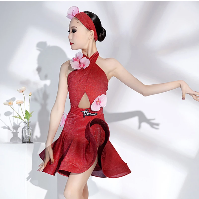 Robe de danse latine rouge d'été pour filles, Costume de spectacle, ensembles d'arêtes de poisson à fleurs, Cha Cha Rumba Samba, robe de concours de danse BL14653