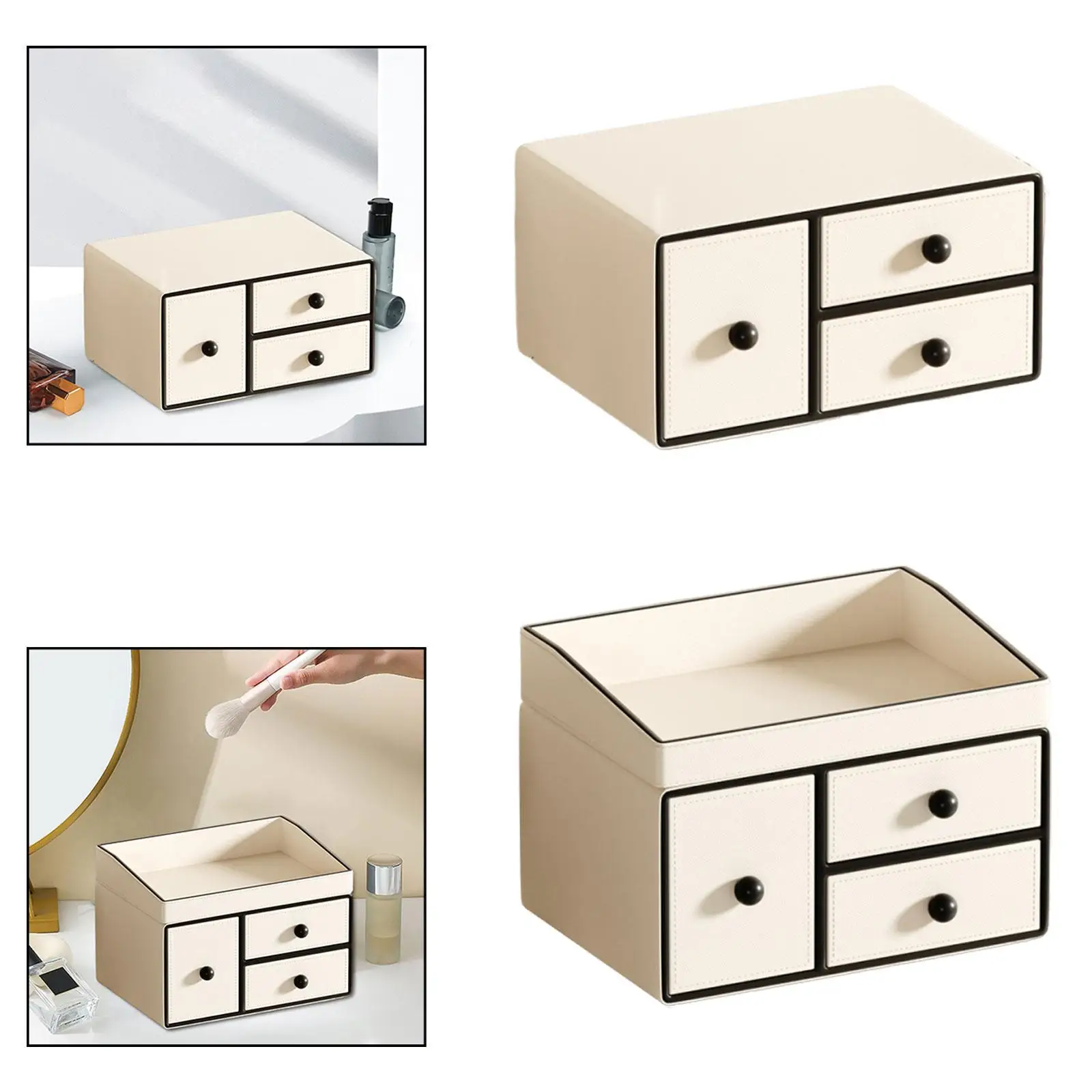 

Косметический органайзер с 3-мя ящиками кремового цвета, многофункциональная искусственная кожа для