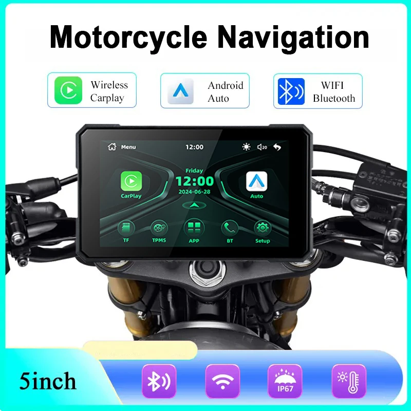 

5 inch Waterproof Motorcycle Navigation GPS For Wireless Carplay&Android Auto LCD Displa Bluetooth 5.0 Moto Monitor TPMS