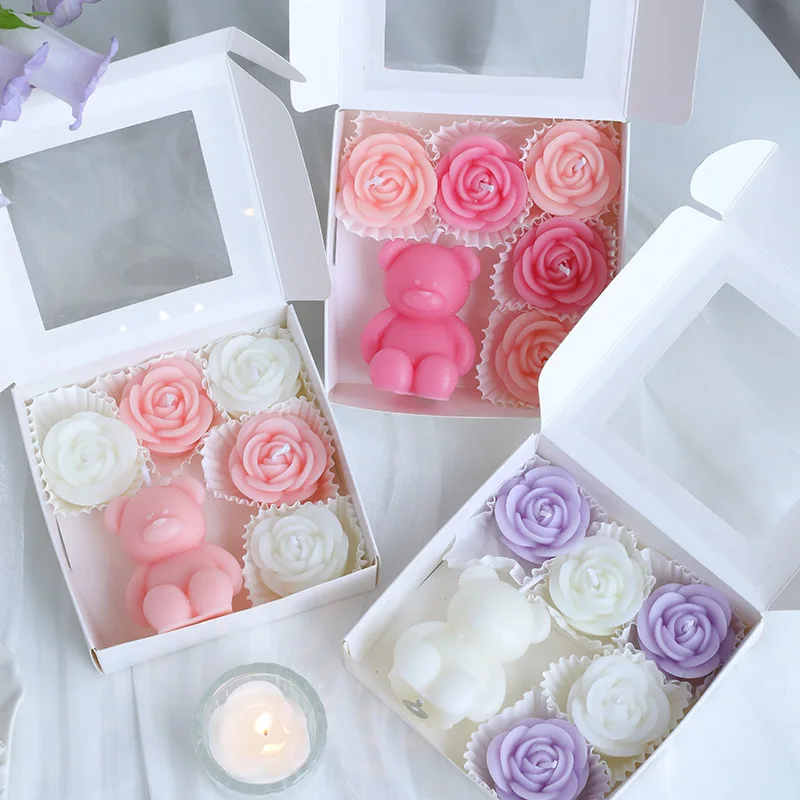 Rose Bear Scented Candles, Ins Romantic Atmosphere, Restaurant Table Decoration Handcrafted Pink Purple Light Fragrance Gift Box