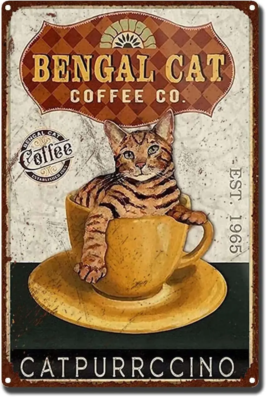 

Vintage Bengal Cat Tin Signs Retro Coffee Cat Metal Signs for Cafe Bar Wall Decor Home Wall Art Signs Decorate 8x12inch Tin Sign