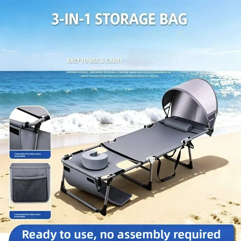 Foldable Lounge Chair with Sun Canopy, Dual Sit & Lay Beach Cot, Portable Outdoor Sunbathing Bed for Camping Back Therapy