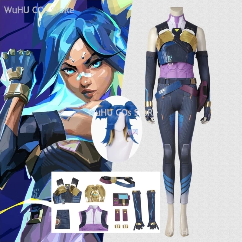 Neon Cosplay Costume Game Valorant Neon Cosplay Costume Blue Women Combat Uniform Wig Halloween Party Outfit Full Set