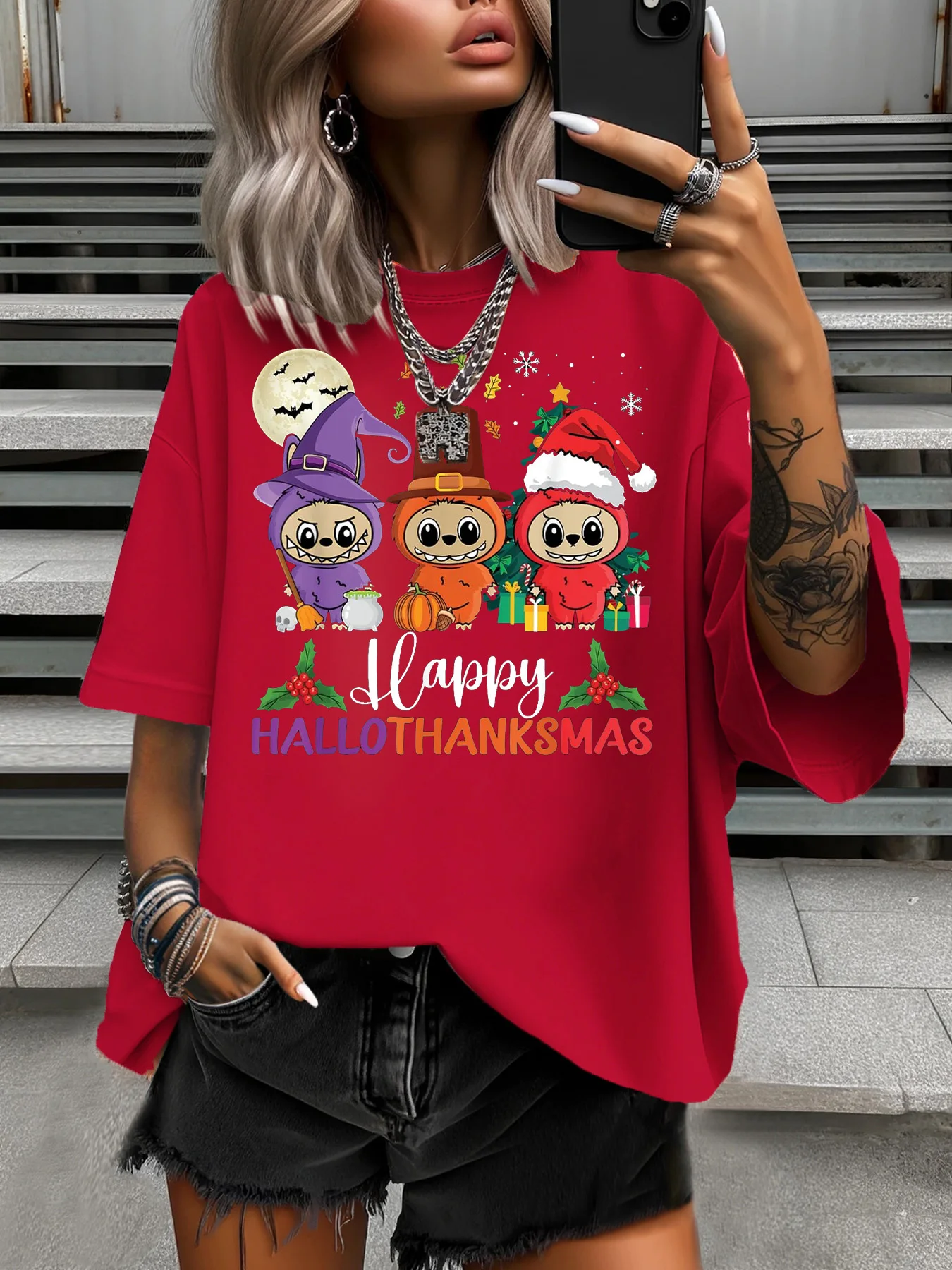 

Summer Women's Plus Size T-Shirt Original Design Fashion Letter Funny Doll Printed Women's Casual Round Neck Short Sleeved Tops