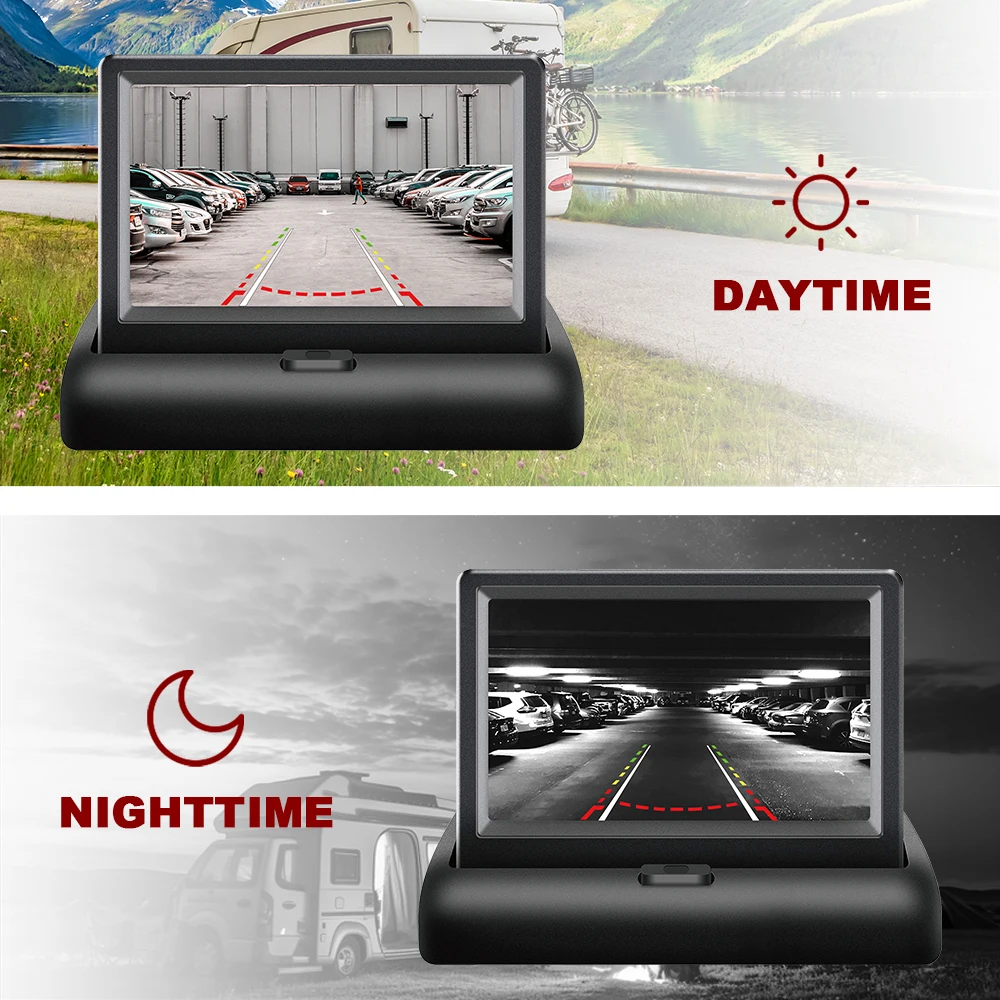 4.3 Car Monitor 12-24V Parking Reaverse Backup Camera System TFT LCD Screen IR LED Night Vision Rear View Camera