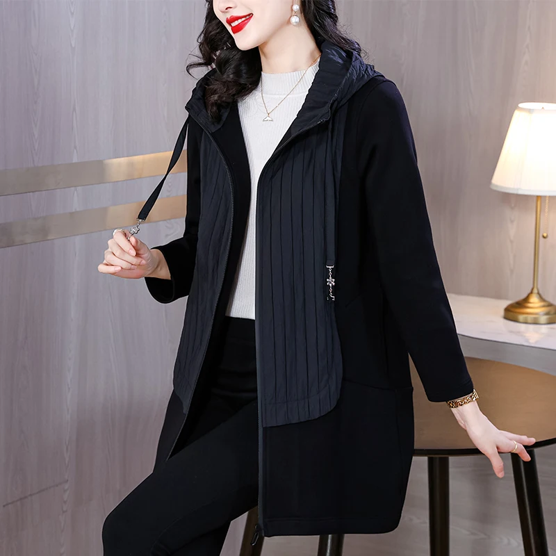 

2023 Autumn/Winter New Black Cotton Spliced Hooded Coat Women's European Station Mid length Loose Large Slim Warm Coat