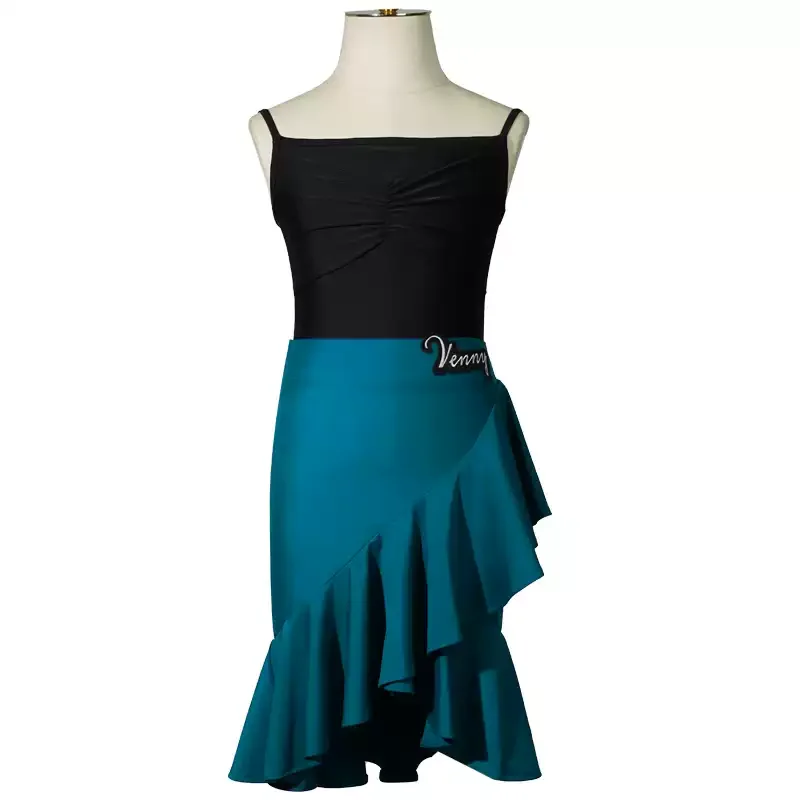 Venny vestido de dança latina para meninas, conjunto de duas peças com alça espaguete e saia com babados para treinamento e performance de dança