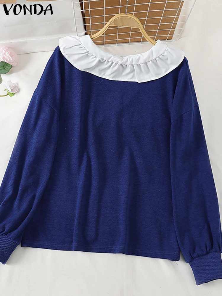 Moda blusa outono retalhos pulôver feminino casual solto manga longa blusas moda botão lapela gola topos 2025 vonda