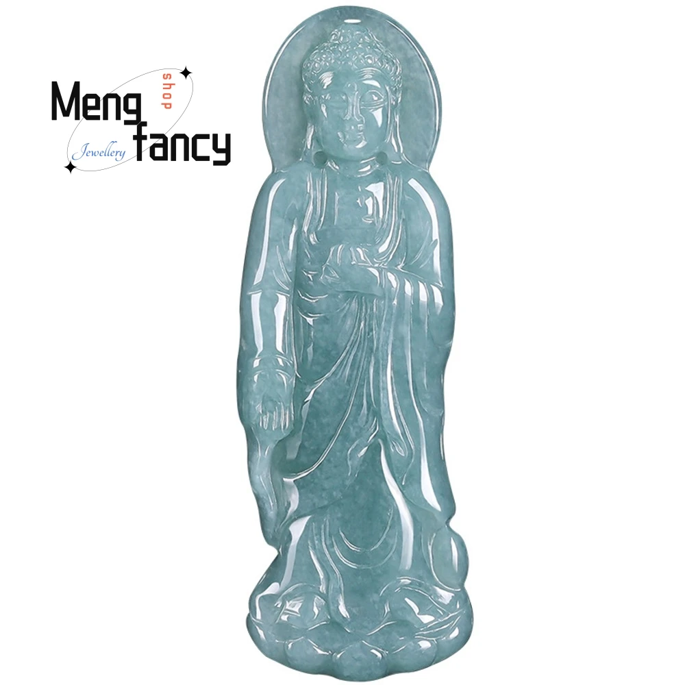 Natural A-grade Jadeite Blue Water Buddha Amitabha Buddha Standing Buddha Ice Seed Jade Pendant High-end Luxury Fashion Jewelry