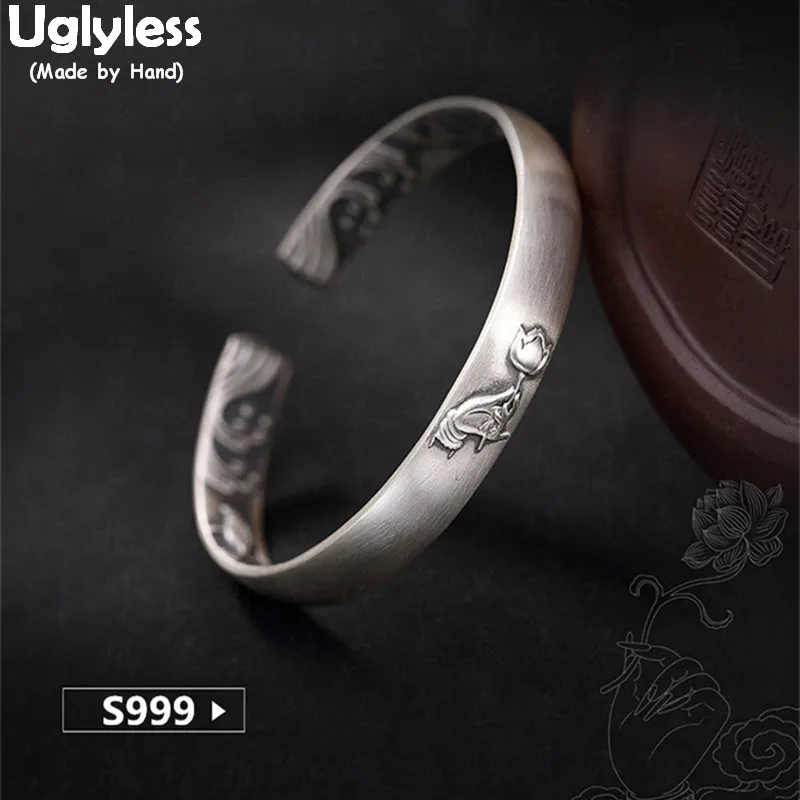 

Uglyless Real 999 Fine Silver Bangle Holy Buddhism Lotus Bangles for Believers Women Vintage Handmade Jewelry China Style Bijoux