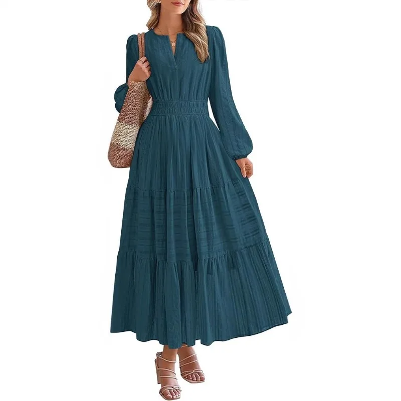 

Spring/Summer 2026 V-neck Shirred Waist Women's Long-sleeved Dress