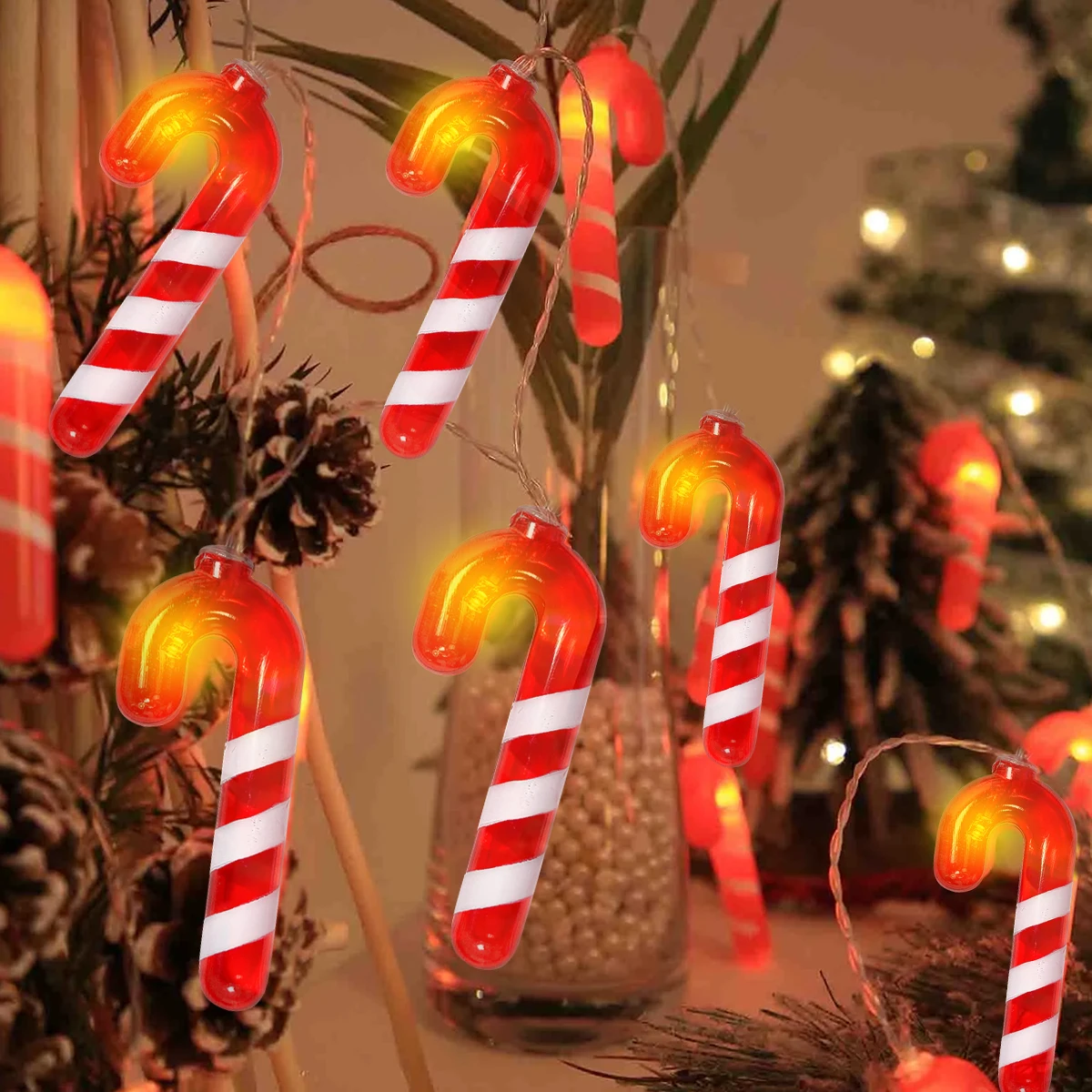 1pc 10/20/30 LED Red Walking Stick And Candy String Lights Fairy Atmosphere Hanging Lamp Battery Powered Suitable For Home Decor